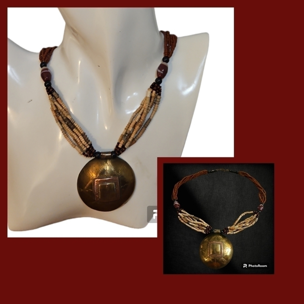 Tibetan Brass Copper Engraved Dome Circle Pendant Multi-strand Beaded Necklace